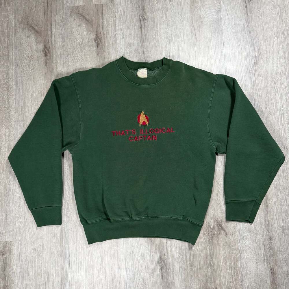 Mens Vintage Star Trek Embroidered Forest Green Crewneck Sweatshirt Large